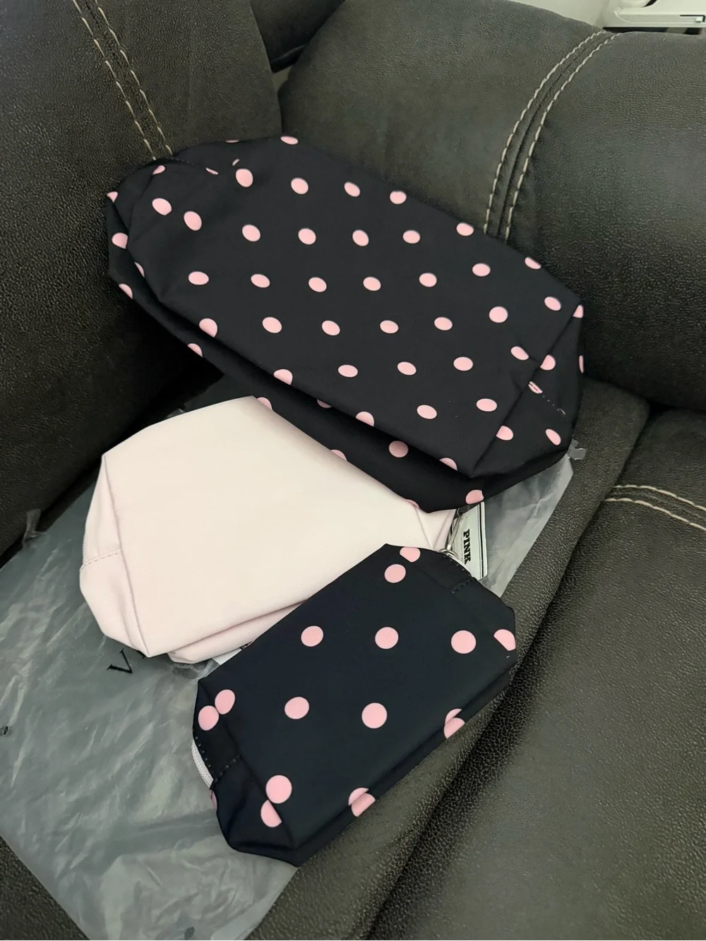 Victoria's Secret Black and  Pink Polka Dot Cosmetic Pouch Set